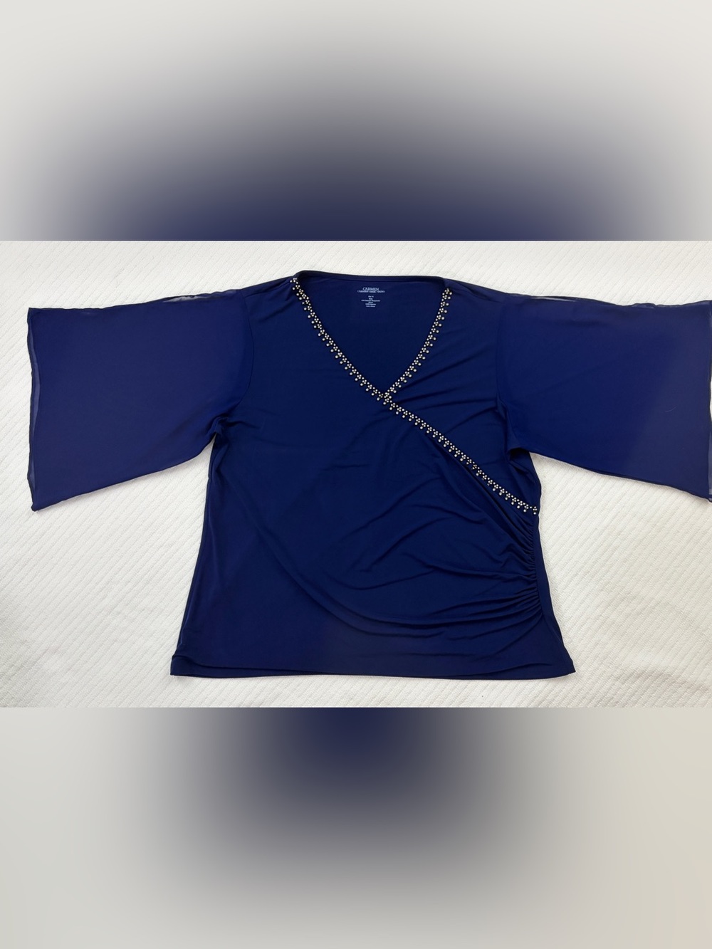 Women’s PLUS Carmen Royal Blue Embellished V-Neck Ruched Sheer Sleeve Blouse- 1X - Picture 1 of 13